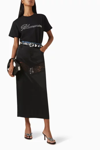 Lace Midi Skirt in Satin & Denim