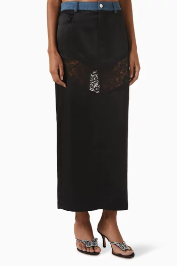 Lace Midi Skirt in Satin & Denim