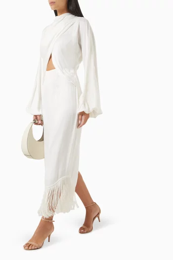 Rosa Fringe Midi Dress in Cupro Satin
