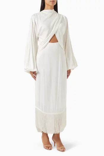 Rosa Fringe Midi Dress in Cupro Satin