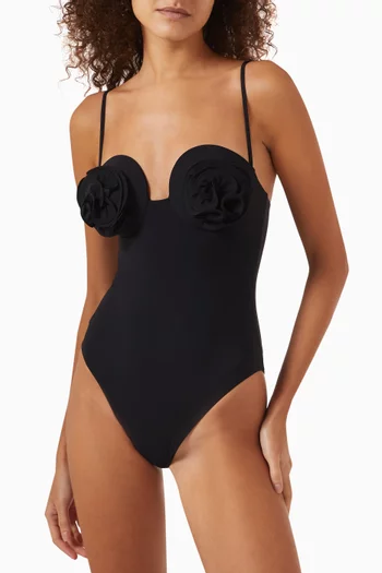 لباس سباحة قطعة واحدة بفتحة رقبة كلاسيكية بشكل قلب وزهور بارزة