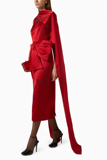Draped Bow Midi Dress in Satin
