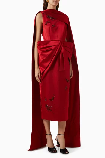 Draped Bow Midi Dress in Satin