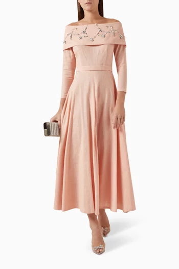 Crystal-embellished Off-shoulder Maxi Dress in Linen