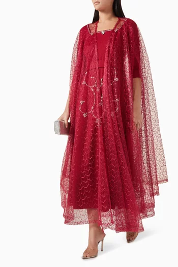 Crystal-embellished Dress & Cape Set in Linen & Tulle