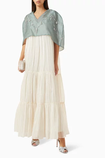 Embellished Cape & Pleated Dress Set in Organza & Chiffon