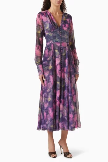 Printed Sequin Midi Dress in Recycled Polyester Blend