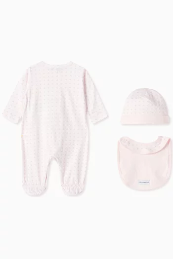 All-over Logo Sleepsuit, Bib & Hat Set in Cotton