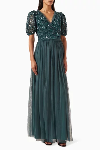 Embellished Frill Maxi Dress in Tulle