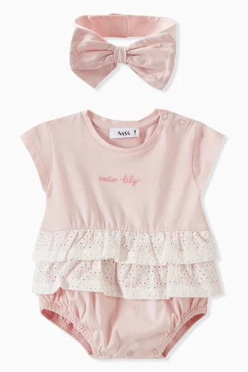 Ruffled Embroidered Bodysuit Set in Cotton
