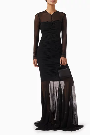 Shirred Front Fishtail Gown in Mesh