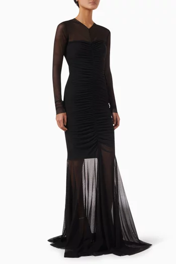 Shirred Front Fishtail Gown in Mesh