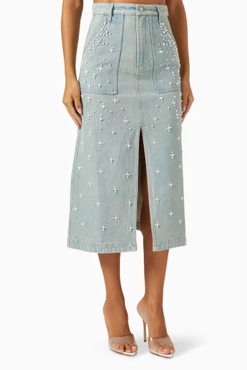 Perlette Embellished Midi Skirt in Denim