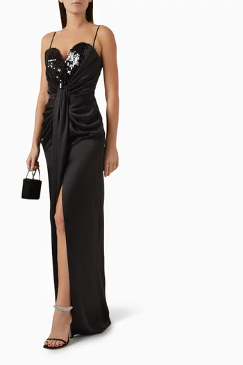 Sequin Sleeveless Gown in Satin Crepe