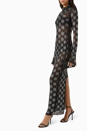 فستان فونكس طويل مزين بتطريزات قماش شبكي