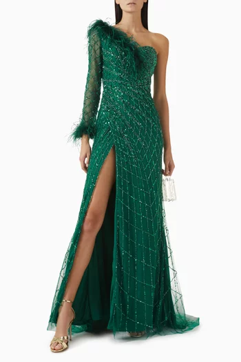 Embellished One-shoulder Gown in Tulle