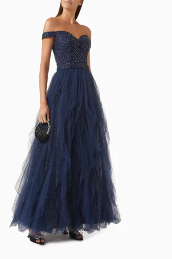 Embellished Off-shoulder Ruffled Gown in Tulle