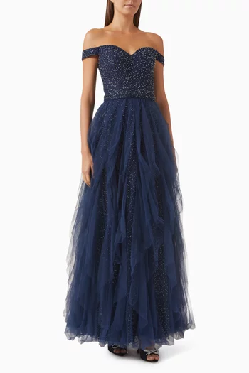 Embellished Off-shoulder Ruffled Gown in Tulle