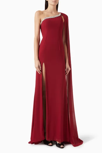 Embellished Crepe One-shoulder Gown in Crepe