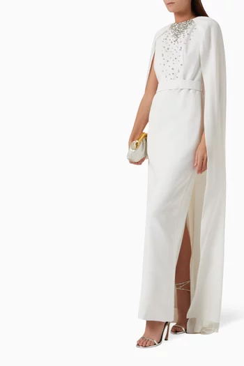 Embellished Cape Maxi Dress in Crepe