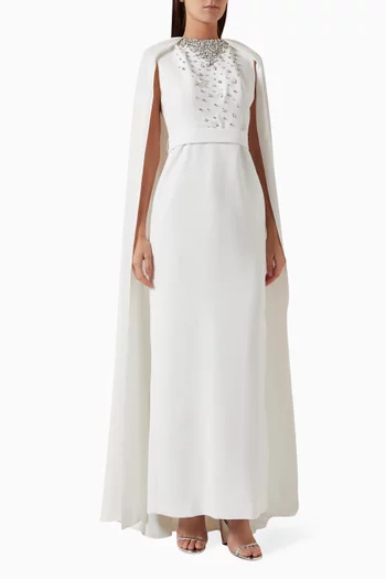 Embellished Cape Maxi Dress in Crepe