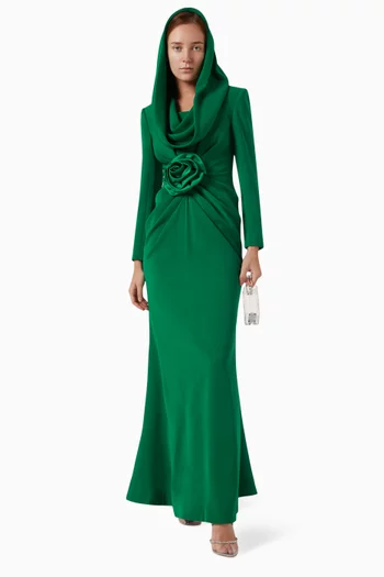 Long-sleeve Hooded Gown in Velvet Crepe