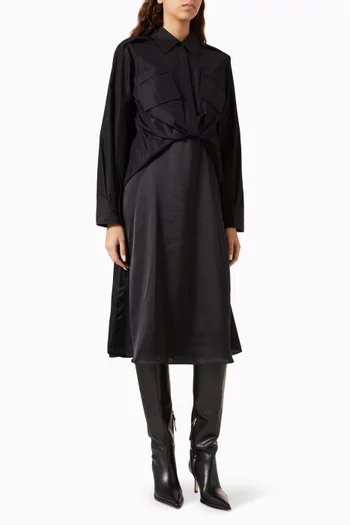 Draped Shirt Combo Slip Midi Dress in Poplin & Satin
