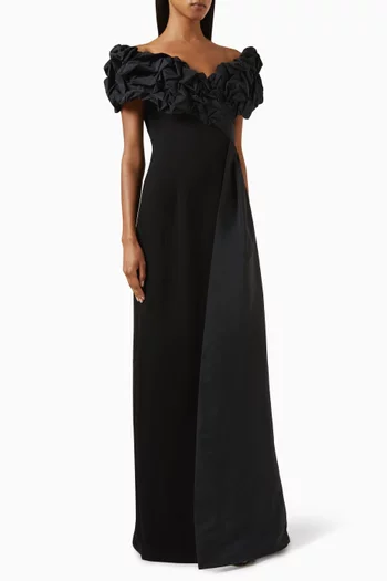 Off-shoulder Scrunch Gown in Taffeta & Crepe