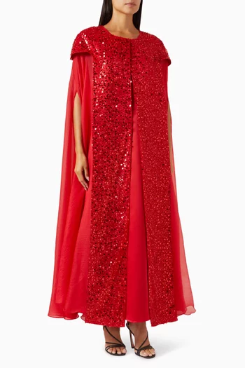 فستان متوسط بكاب وتطريزات