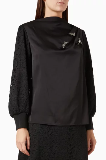 Embellished Lace-trimmed Blouse in Satin