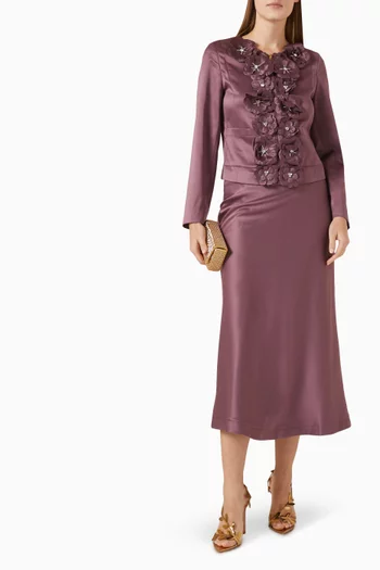 Floral-embellished Jacket & Skirt Set in Satin