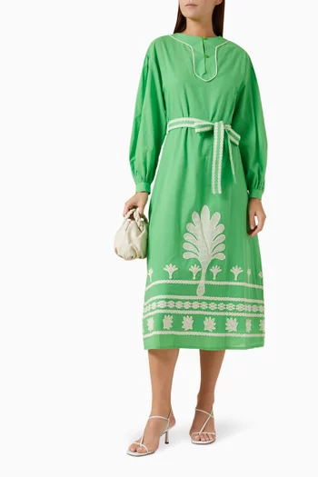 Embroidered Belted Midi Dress
