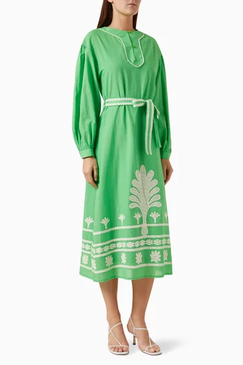 Embroidered Belted Midi Dress