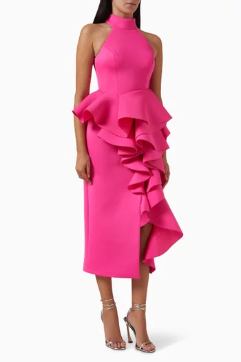 Sleeveless Ruffled Midi Dress in Scuba-fabric