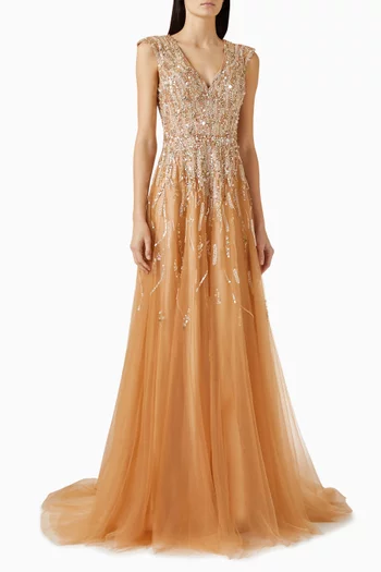 Beaded Gown in Mesh