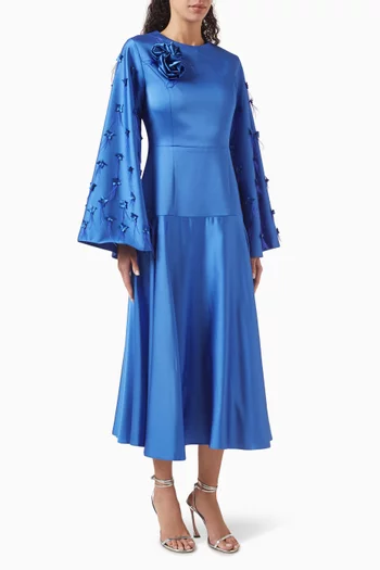 فستان متوسط الطول بزهور بارزة ستان