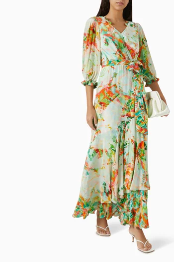 فستان طويل بنقشة وكتف مكشوف كريب