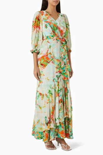 فستان طويل بنقشة وكتف مكشوف كريب