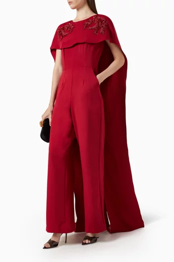 Embellished Cape Jumpsuit in Crepe