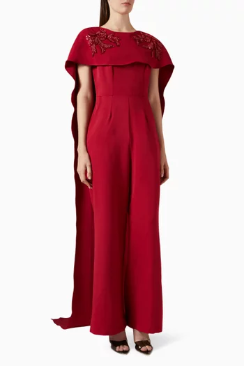 Embellished Cape Jumpsuit in Crepe
