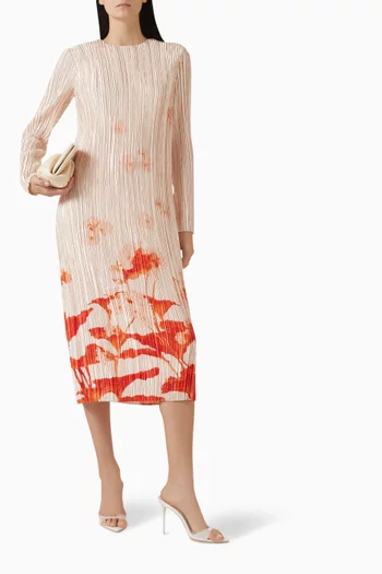 Pleated Floral Midi Dress in Satin