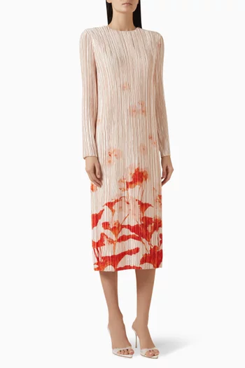 Pleated Floral Midi Dress in Satin