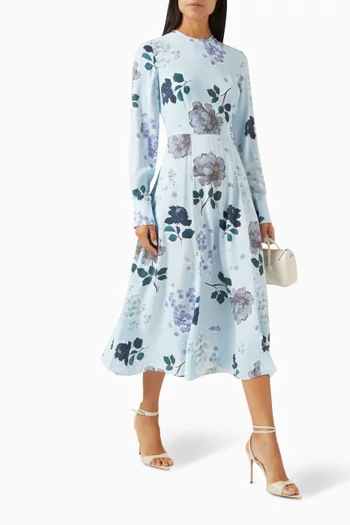 Long-sleeve A-line Midi Dress in Viscose Crepe