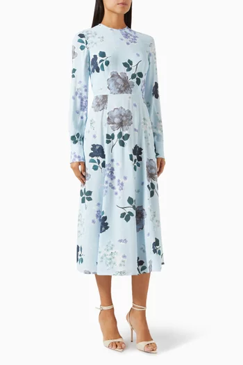 Long-sleeve A-line Midi Dress in Viscose Crepe