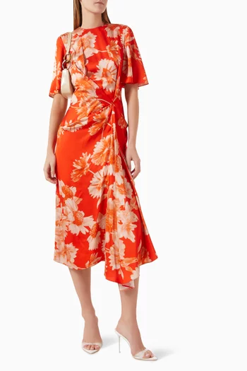 Floral Draped Midi Dress in Satin