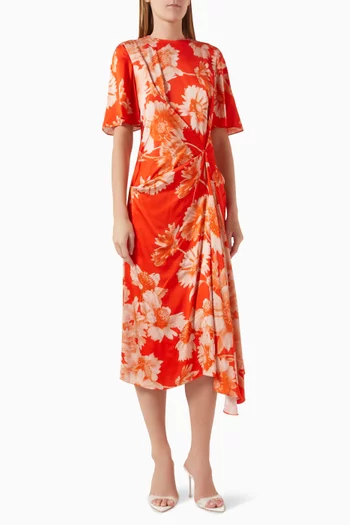 Floral Draped Midi Dress in Satin