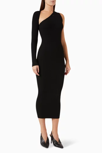 One-shoulder Rib Knit Midi Dress in Viscose Blend