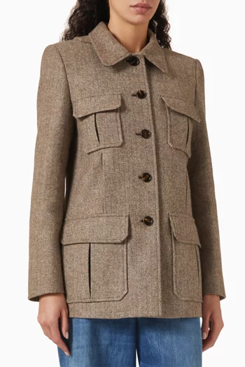 Long Officer Jacket in Herringbone Wool