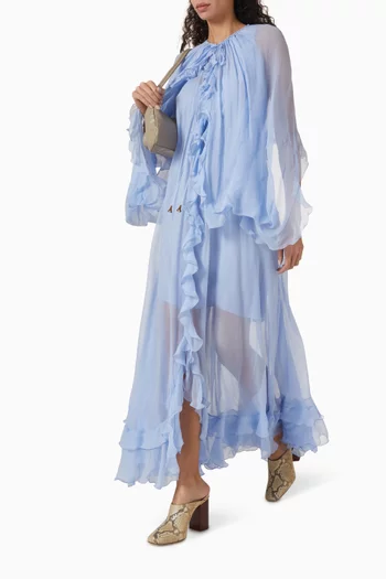 Cape Ruffle Maxi Dress in Silk Mousseline