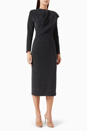 Draped Long-sleeve Midi Dress